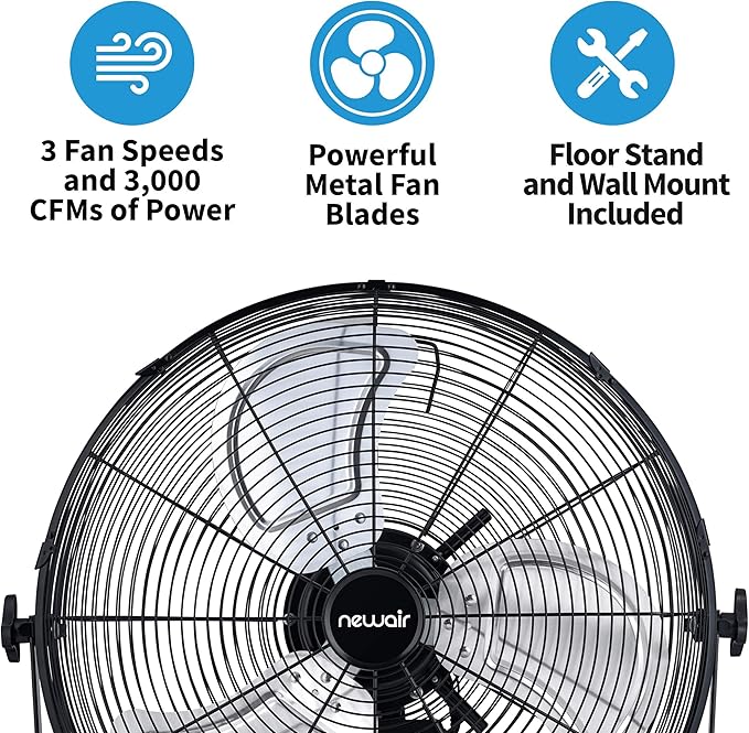 NewAir 20" High Velocity Outdoor Fan, Heavy Duty Waterproof 2-in-1 Floor Stand or Wall Mount Fan, Adjustable Tilt and 3 Speeds up to 4650 CFM | Wall Fan or Garage Fan for Indoor, Patio, Gym or Porch