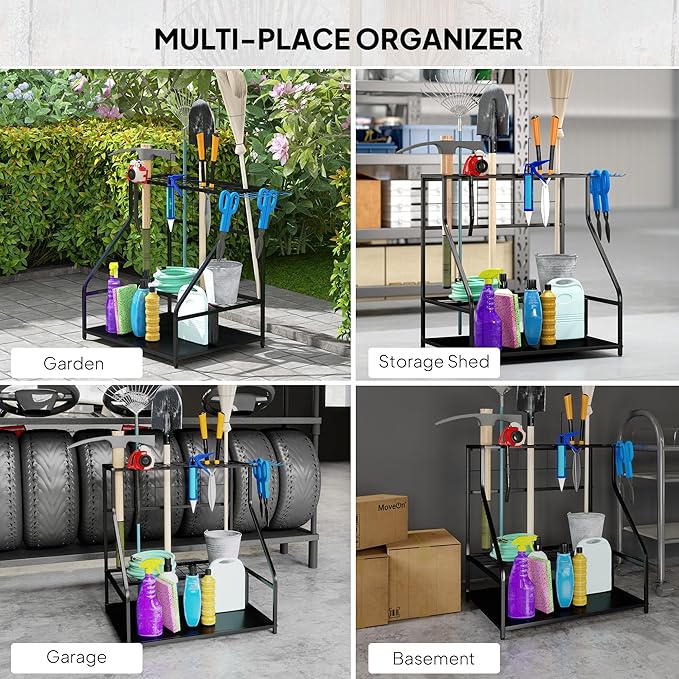 Outsunny Garden Tool Organizer for Garage, 3-Tier Yard Tool Storage Rack with Hooks for Long-Handled, Broom, Shovel, Rake, Metal Garden Tool Storage for Shed, Yard, Garage, Blue