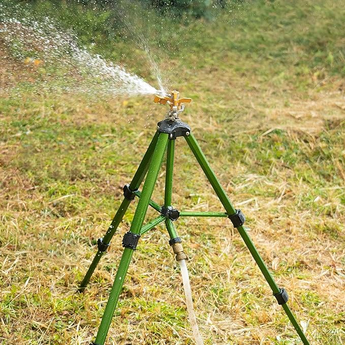 Hourleey Impact Sprinkler on Tripod Base, 2 Pack Heavy Duty Sprinklers for Lawn Yard Garden, 0-360 Degree Large Area Coverage, 3/4 Inch Connector Extension Legs Flip Locks with Brass Head