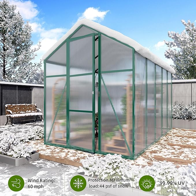 86in High 6*10.2FT Greenhouse for Outdoors, Polycarbonate Greenhouse with Stronger Wind Protection and Roof Vent, Walk-in Large Aluminum Sunroom Winter Proof, Green
