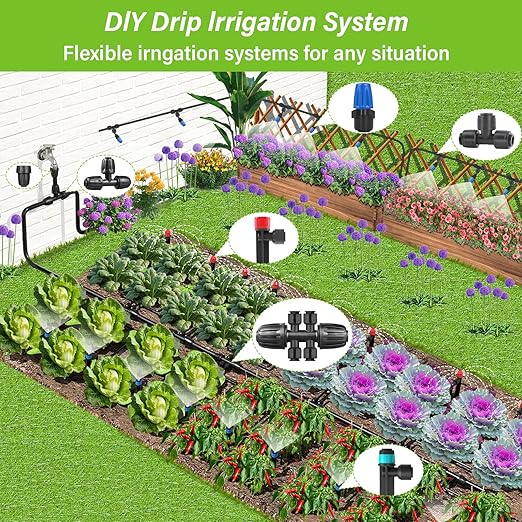 243FT Drip Irrigation Kit, Drip Irrigation System with 1/2'' Hose1/4 Drip Irrigation Tubing, 2025New Quick-Connect, Three Adjustable Nozzle Types for Garden Greenhouse Flower Bed Patio Lawn