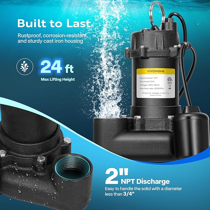 VIVOHOME 1 HP Submersible Cast Iron Sewage/Effluent Pump, 5220 GPH Float Switch Sump Pump with 2'' NPT Discharge for Basement, Septic Tank