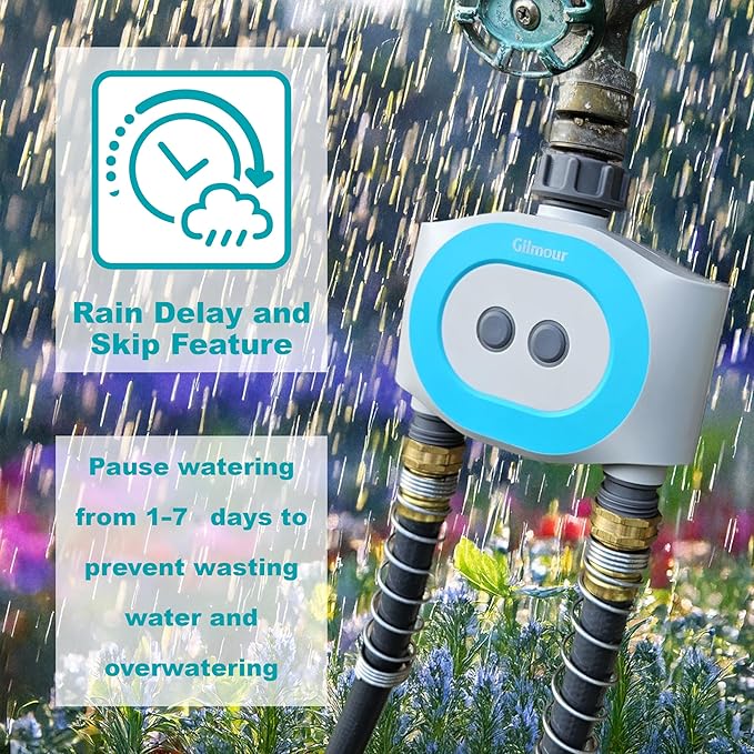 Gilmour Dual Outlet Smart Water Timer, WiFi Automatic Watering System, Rain Delay, Battery Operated, 2 Zone