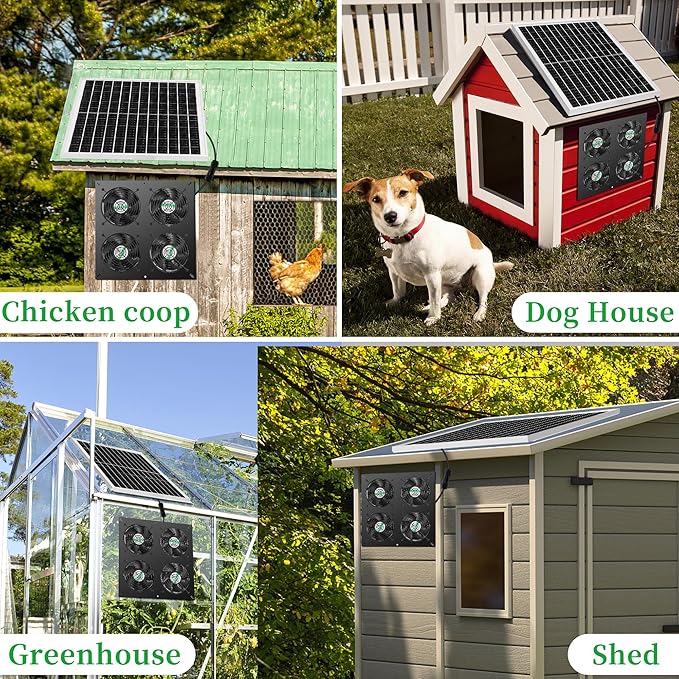 blessny 25W Solar 4 Fan Kit for Outdoor Greenhouse, Solar Powered Vent Exhaust Ventilation Fan for Chicken Coop, Shed Air Circulation, 14.7 Ft Long Cord with IP65 Weatherproof Rate