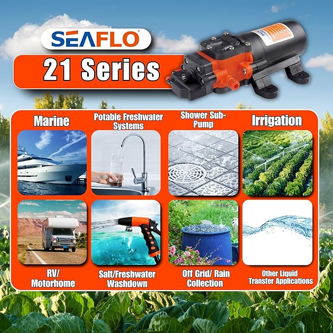 SEAFLO 21-Series Water Pressure Diaphragm Pump - 12V DC, 1.2 GPM, 35 PSI with Adjustable Pressure Switch, Self-Priming, Quiet Operation for RV, Boat, and Off-Grid Applications