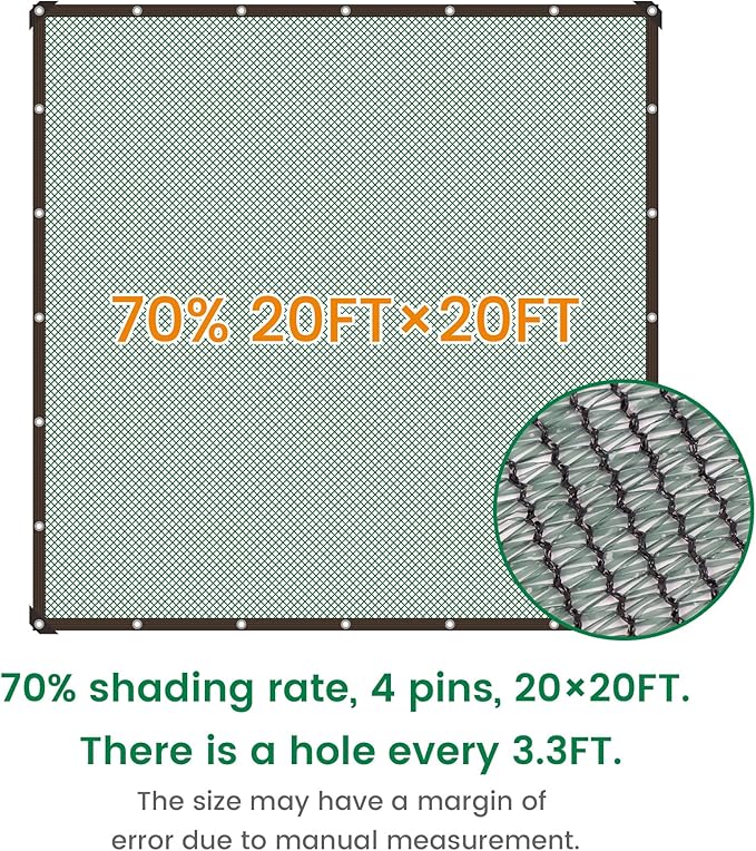 70% 20 X 20 FT Green Shade Cloth, Outdoor Woven Sun Shade with Grommets, Durable Breathable Netting Shading Antifreezing for Patio, Garden, DIY Home, Plants Cover, Greenhouse, Dog Kennel