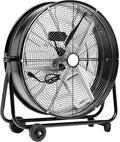 Amazon Basics 24" 215W High-Velocity, Heavy-Duty Industrial Fan, Drum Fan, with UL-Certified Safety Compliance, 2 Speeds, Up to 8820 CFM, 5.9-ft Power Cord, 2 Wheels, Metal Housing/Blades, Black