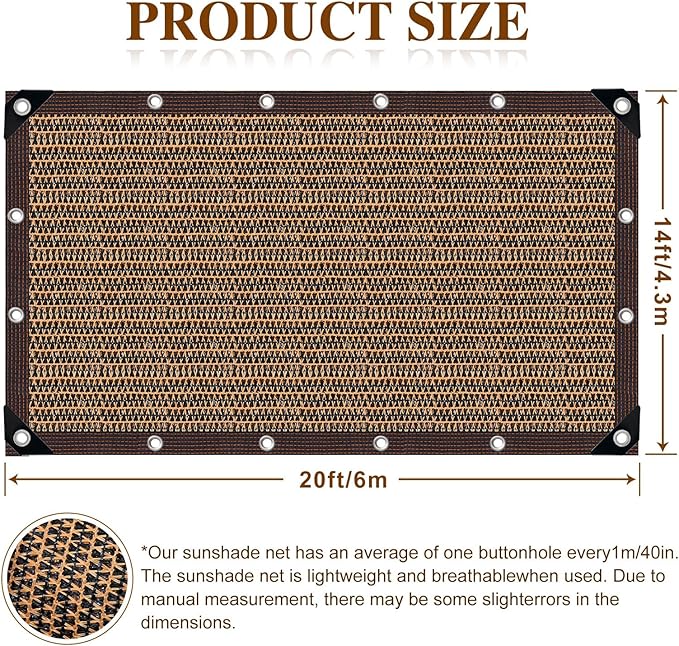 Shade Cloth,80% Sunblock Net with Metal Grommets and Reinforced Edges,Garden Sun Shade Netting,Used in Courtyards,Balconies,Carports,Greenhouse, Plants Growing,Chicken Coop Patios etc.14x20FT