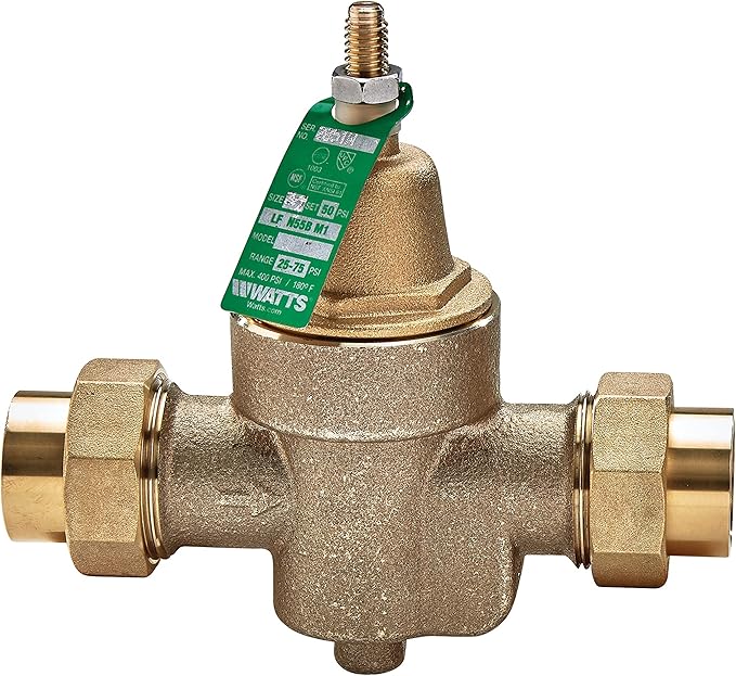 Watts LFN55B-M1 Series 3/4" Lead-Free Cast Copper Silicon Alloy Water Pressure Reducing Valve, NPT Female Union Inlet x NPT Female Outlet, Adjustable Pressure 25 to 75 psi, Maximum 400 psi