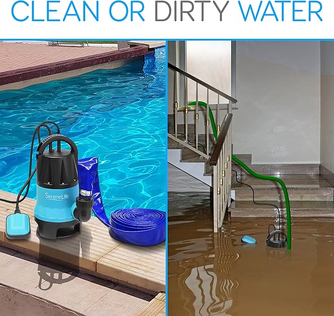 SereneLife 400W Submersible Pump Clean Dirty Water Powerful Utility Sump Pump Auto Float Switch,16 ft. Cord, Basement, Yard, Swimming Pool, Pond, Flooded Area, Garden or Flat Hose