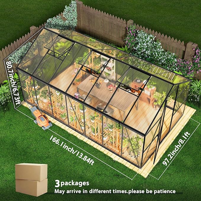 Wanan 8x14FT Greenhouses for Outdoors, Quick Assembly Polycarbonate Green House with UV Protection, Windproof Aluminum Frame Heavy Duty, Adjustable Roof Vent for Backyard or Outdoor Garden Use