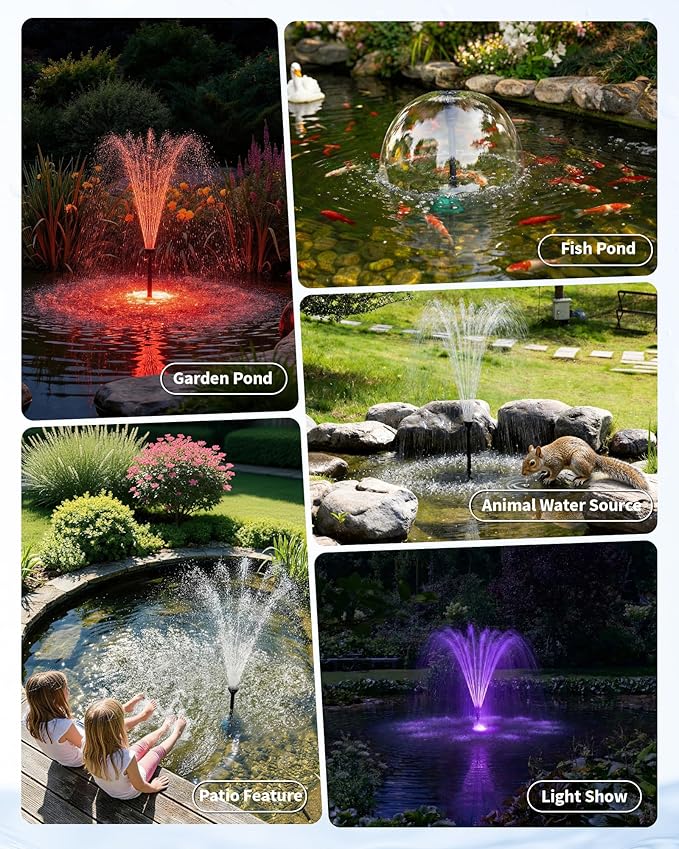POPOSOAP Pond Fountain Pump Kit with RGB Lights & Remote Control, 660GPH Quiet Submersible Water Pump, Pond Pump with 3 Nozzles for Garden Koi Ponds, Fish Tank,Backyard Water Features Decor-P1104D