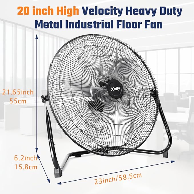 20 Inch Floor Fan, Max 4650 CFM Industrial Fan, 3-speed and 360°Adjustable Tilt, Metal Construction and Aluminum Blades, Ideal for Warehouse, Workshop, Factory, Garage