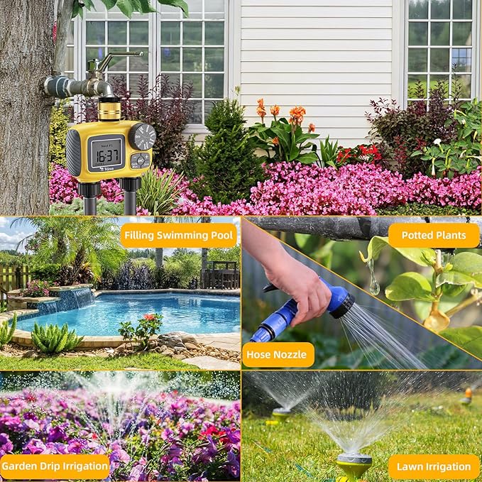 Sprinkler Timer Outdoor with Brass Swivel Water Timer for Garden Hose 2 Zone Programmable/Rain Delay/Manual/Automatic Irrigation Controller-Sprinkler System for Garden/Lawn/Yard/Pool