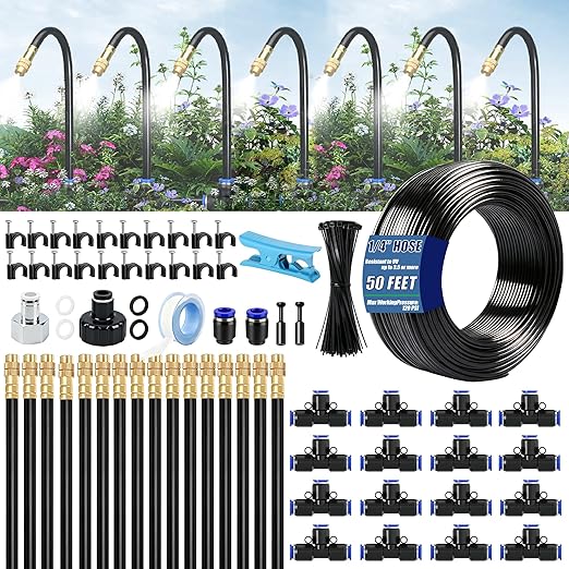 Dianrui Drip Irrigation System—50FT 1/4" Garden Watering System with 16pcs Copper Nozzles, 360° Curved Garden Automatic Irrigation System for Garden/Lawn/Greenhouse/Raised Beds/Outdoor Plants