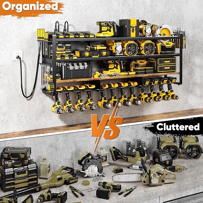 POKIPO 49.5" W Large Power Tool Organizer with Charging Station, 4 Layer Heavy Duty Utility Rack Loads 800lbs, Holds 12 Cordless Drills, Wall Mount Tool Shelf with 8-Outlet Power Strip, Gift for Men
