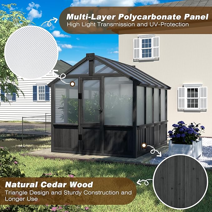 Yardenaler 6x8 FT Outdoor Greenhouse with Thickened Polycarbonate Panel, Wooden Walk-in Green House with Lockable Door and Adjustable Roof Vent, Backyard Garden, Black