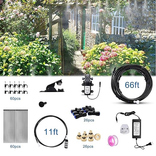 Mornajina Outdoor Misting Cooling System with Pump Kit, 65.6FT(20M) Misting Line with Filter, 26 Brass Mist Nozzles, 1 Brass Adapter (3/4"), 12V DC 60W 5L/Min, Self Priming Sprayer Water Pump
