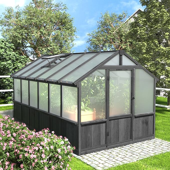 Yardenaler 8x12 FT Greenhouse Kit with 6MM Thick Polycarbonate Panel for Outdoor, Wooden Walk-in Green House with Adjustable Roof Vent and Lockable Door, Backyard, Garden, Black