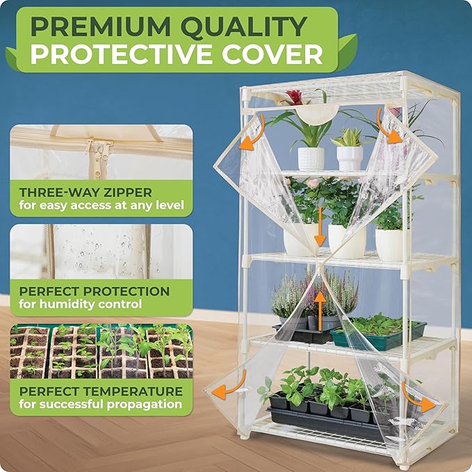 Carpathen Indoor Greenhouse with Grow Lights - 4 Tiers 27.2"L x 19.3"W x 54"H with 8 Dimmable 15W Full Spectrum LED Light Strips and Spectrum Control - Mini Greenhouse with Waterproof Zipped PVC Cover