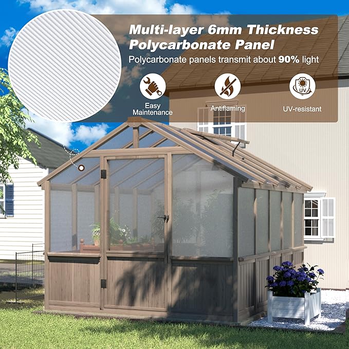 Yardenaler 8x10 FT Greenhouse Kit with 6MM Thick Polycarbonate Panel for Outdoor, Wooden Walk-in Green House with Adjustable Roof Vent and Lockable Door, Backyard, Garden, Light Mocha Brown