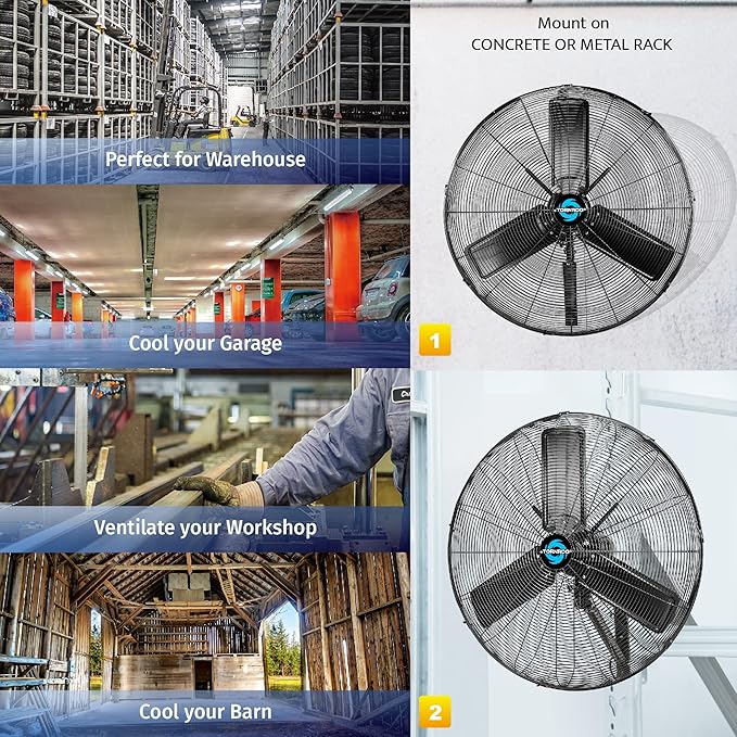Tornado 30 Inch Outdoor Rated IPX4 Water-Resistant High Velocity Oscillating Wall Mount Fan For Industrial Use TEAO Motor 2 Speed 8400 CFM cETL Listed
