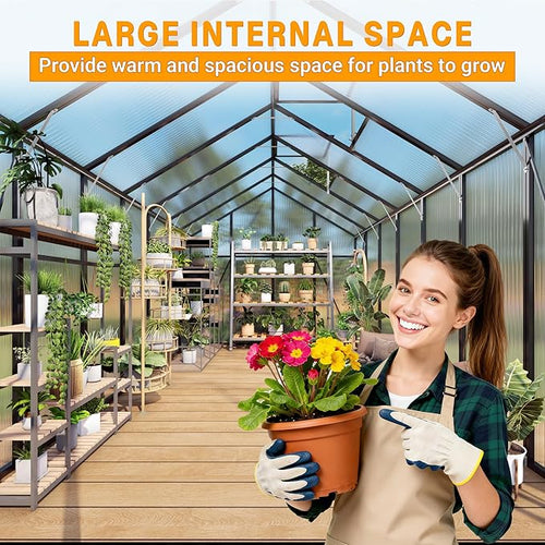 104in High 10x14FT Greenhouse for Outdoors, Polycarbonate Greenhouses with Stronger Wind Protection and Roof Vent, Walk-in Large Aluminum Winter-Proof Sunroom, Black