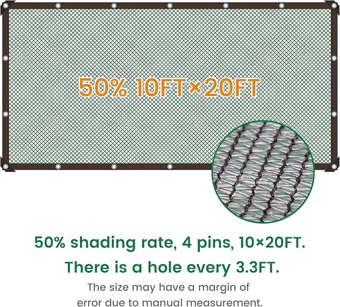 50% 10 X 20 FT Green Shade Cloth, Outdoor Woven Sun Shade with Grommets, Durable Breathable Netting Shading Antifreezing for Patio, Garden, DIY Home, Plants Cover, Greenhouse, Dog Kennel