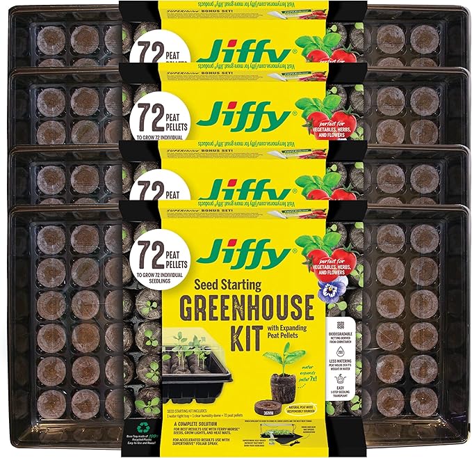 Jiffy Plant Germination Tray Kit - High Germination Rate, Bonus SUPERthrive - 72 Cell, 4 Pack - Plastic