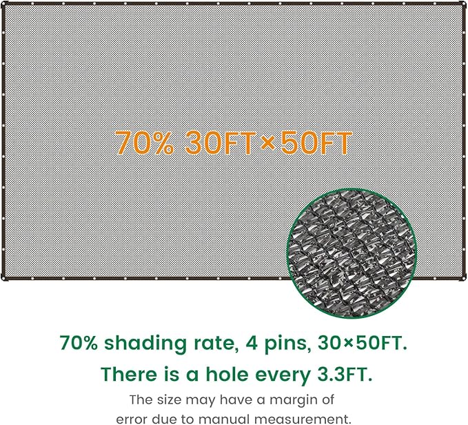 70% 30 X 50 FT Black Shade Cloth, Outdoor Sunblock Shade Cloth with Grommets, Durable Sun Shade Netting Shading Antifreezing for Patio, Garden, Plants Cover, Greenhouse, Barns, Dog Kennel