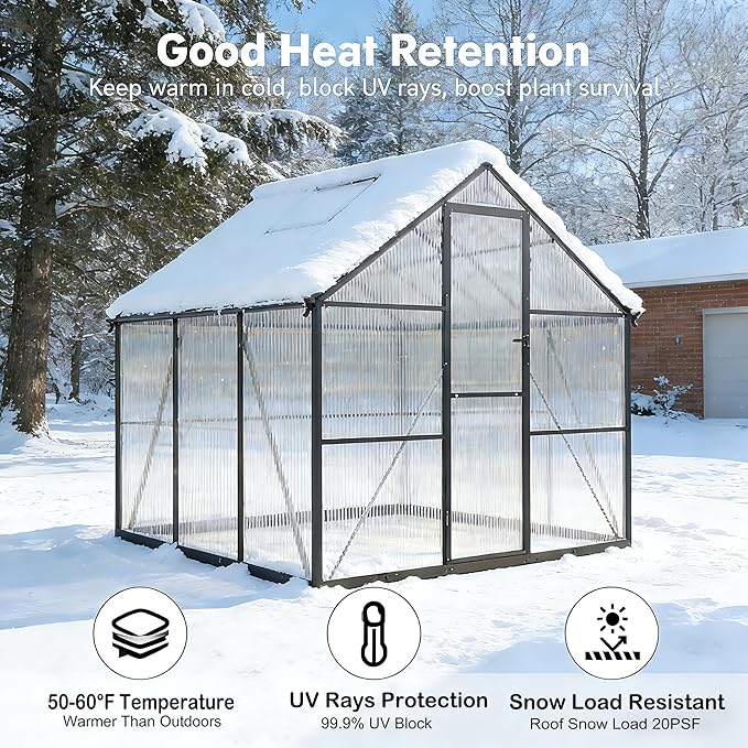 6x6FT Greenhouse for Outdoors, Polycarbonate Greenhouse with Quick Setup Structure and Roof Vent, Aluminum Walk-in Green Houses for Outside Garden Backyard, Charcoal Black