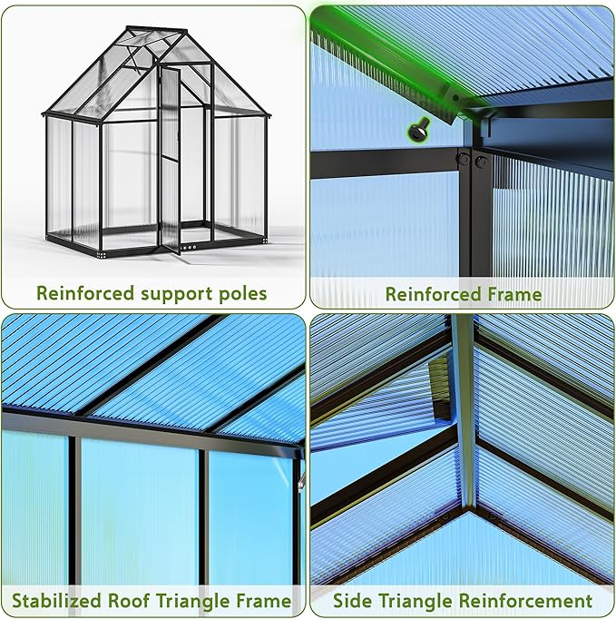 Wanan 6x4FT Greenhouses for Outdoors, Quick Assembly Polycarbonate Green House with UV Protection, Heavy Duty Windproof Aluminum Frame, Adjustable Roof Vent for Backyard or Outdoor Garden Use