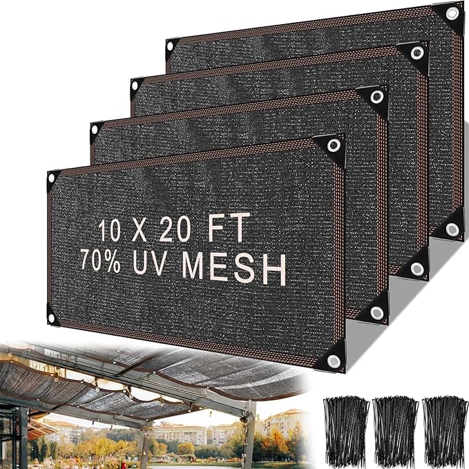 4 Pcs 10 x 20 Ft Black Shade Cloth Roll for Covering Garden 70% Mesh UV Resistant Net with Ties for Patio Outdoor Greenhouse Fence Flower Plant Cover Canopy