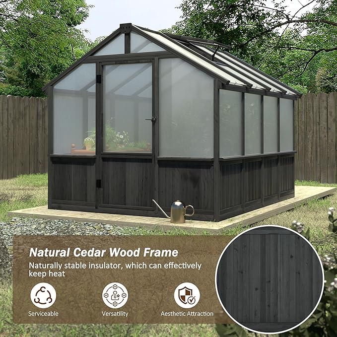 Yardenaler 8x8 FT Greenhouse Kit for Outdoor, 6MM Thick Polycarbonate Panel Wooden Walk-in Green House with Lockable Door and Adjustable Roof Vent, Backyard Garden, Black