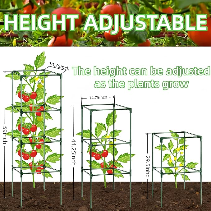 3 Pack Square Tomato Cages for Garden, 59 Inch Tall Heavy Duty Metal Tomato Plant Support Trellis, Adjustable Large Tomato Stakes for Outdoor Pots Climbing Plants, Vegetables, Cucumber