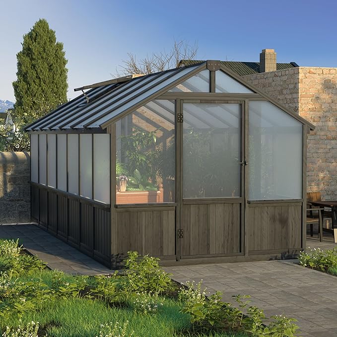 Yardenaler 8x14 FT Outdoor Greenhouse Kit, Wooden Greenhouses for Outdoors Walk-in Green House with 6MM Thick Polycarbonate Panel & Adjustable Roof Vents, Backyard Garden, Black