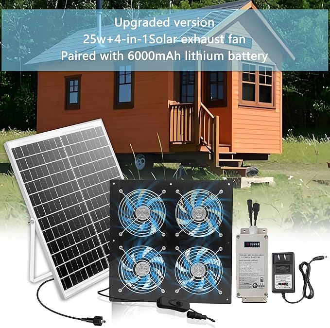 HNRLOY Solar Exhaust Fan for Greenhouse, Solar Chicken Coop Fan with 25W Solar Panel & 4 Pcs High-Speed Brushless DC Ventilation Fans for Shed,Attics,Barns,Dog Houses with 6000mAh Battery