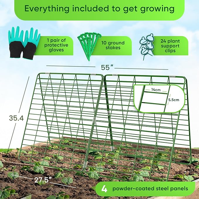 GOLETIO Cucumber Trellis for Raised Bed - 35" x 55" Garden Trellis for Climbing Plants Outdoor - A Frame Trellis for Climbing Vegetables with Plant Support Clips and Gloves
