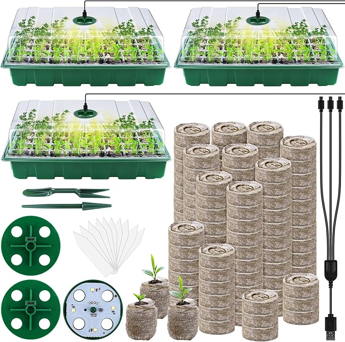 Hahood 3 Pack Seed Starter Tray Kit with Grow Light Germination Trays with Humidity Dome, 120 Peat Pellets, Gardening Tools, Plant Labels, Plant Growing Trays for Seeds Growing Starting, Green