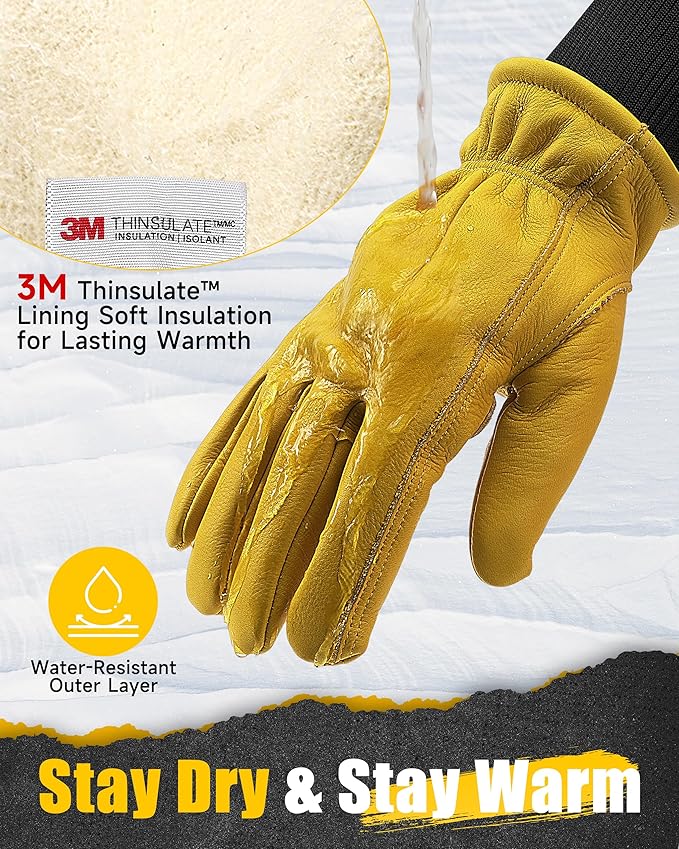 DULFINE Winter Leather Work Gloves for Men and Women,3M Thinsulate Lining for Cold Weather Work, Thermal Insulated Gloves