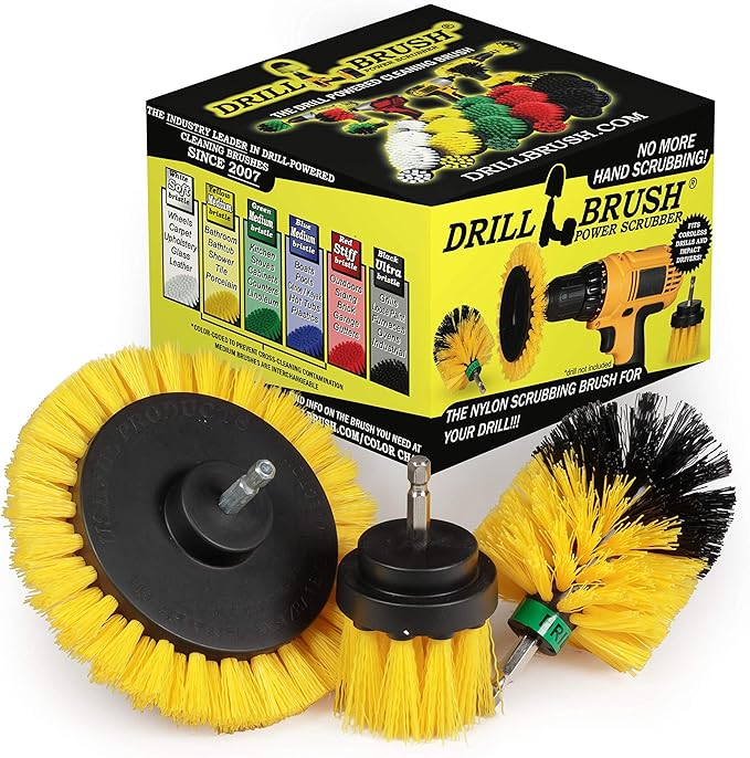 Drill Brush Power Scrubber by Useful Products – 3 Piece Yellow Bathroom Accessories Cleaning Set - Drill Brush Set to Clean Tile and Grout - Shower Cleaning Supplies - Drillbrush Shower Cleaner