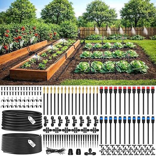 MIXC 2026-Upgrade 360° Adjustable Drip Irrigation System Kit, 200FT Bendable Watering Misting System with 3 Spray Nozzle Types, 1/2"(50FT) & 1/4"(150FT) Tubing for Garden Raised Bed Lawn & Greenhouse