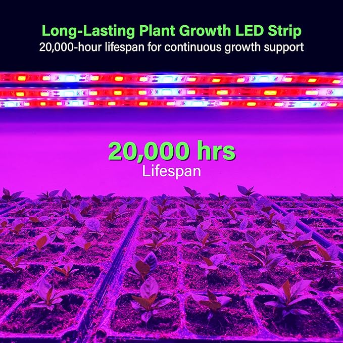 Full Spectrum LED Grow Light Tape, 11.8 ft Flexible Strip Kit for Indoor Plants and Gardening, 24W Plug-in Design, Water Resistant