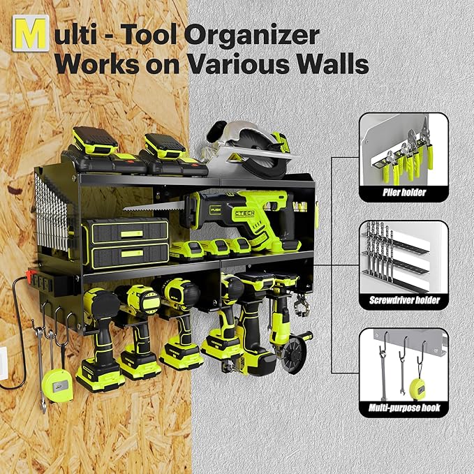 Spampur Power Tool Organizer Wall Mount with Charging Station, 3 Layer Heavy Duty Metal Tool Storage Rack Loads 420lbs with 6 Cordless Drill Holder, Idea Gifts for Men, Garage Workshop