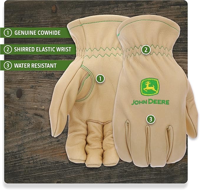John Deere JD84013-L Men's Water Resistant Leather Gloves, Abrasion Resistant, Tan, Large