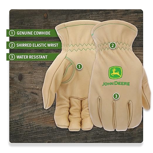 John Deere JD84013-XL Men's Water Resistant Leather Gloves, Abrasion Resistant, Durable, Tan, X-Large