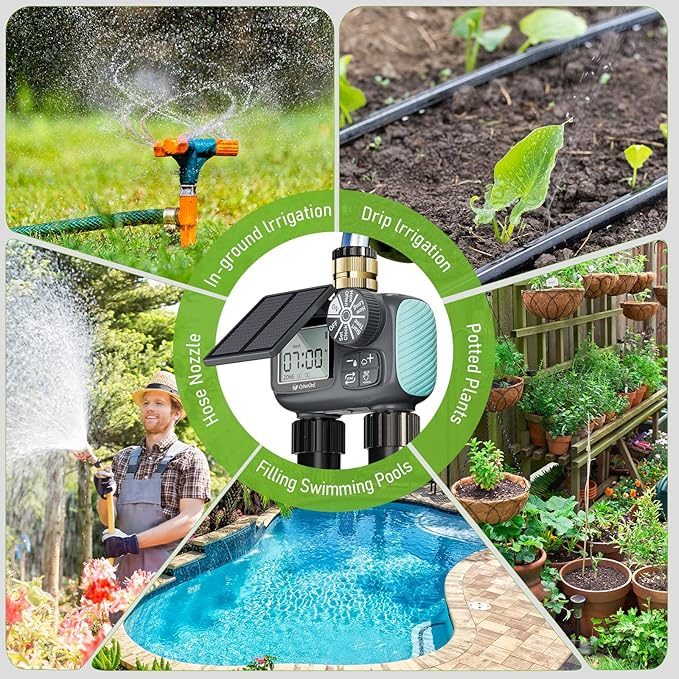 2 Zone Solar Water Timer, Hose Timer with Solar Charging, Sprinkler Timers for Garden Hose with Auto/Manual/Rain Delay Modes, Digital Drip Irrigation System for Lawn/Patio/Garden