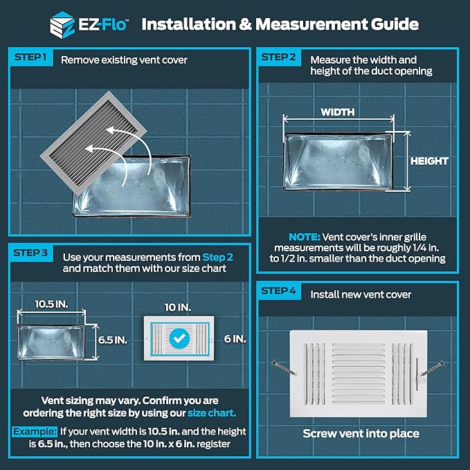 EZ-FLO 10 x 6 Inch (Duct Opening) Air Vent Cover for Wall or Ceiling, Three-Way Ventilation Register, Solid Steel HVAC Register Cover, White, 61614