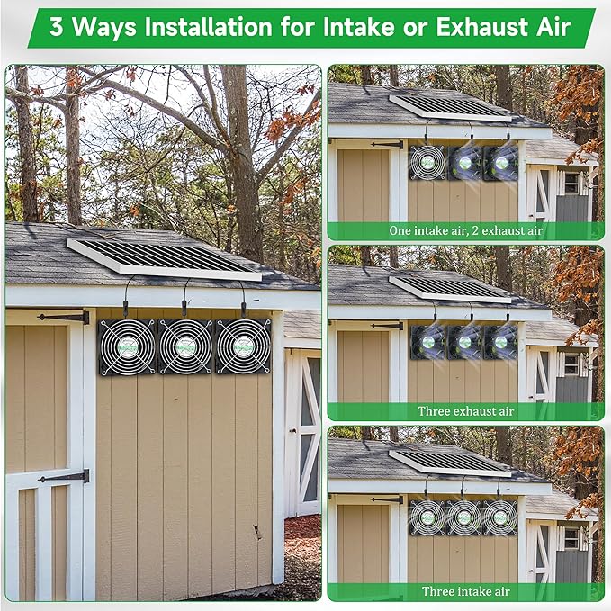 blessny Solar 3 Fan Kit for Intake or Exhaust air, Weatherproofed Solar Powered Fans for Outside Chicken Coops, Greenhouses, Shed, Pet House Air Ventilation