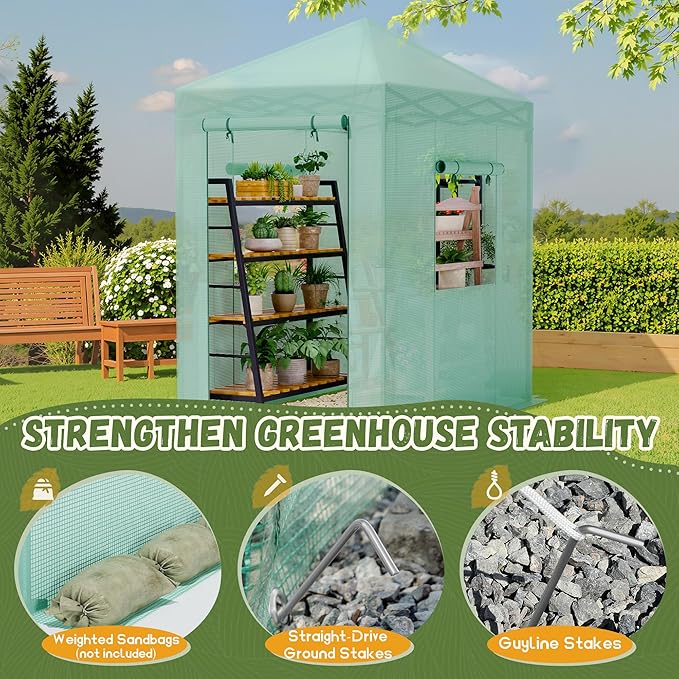 Devoko Walk-in Greenhouse, Instant Pop Up Green House for Outdoors with Zippered Door and 2 Roll-up Windows, PE Cover, Portable and Easy Assemble (Green, 6x4 Feet)